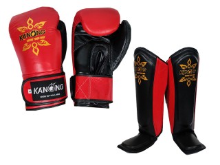 Kanong äkta läder Boxning Handskar + Benskydd Muay Thai : Röd/Svart